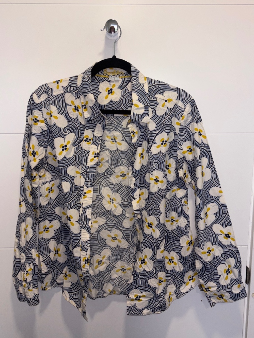 Boden Navy Cream Floral Swirl Tie Neck Cotton Shirt Size 10R